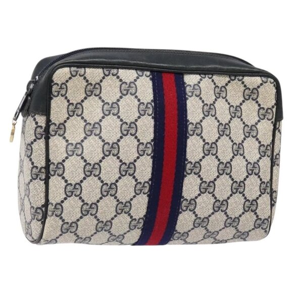 GUCCI GG Supreme Sherry Line Clutch Bag PVC Navy Gold Red Auth 139750 - Picture 1 of 16
